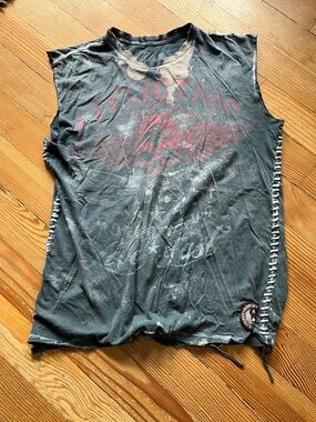 Affliction Black Distressed Graphic Tank with Red Skull Print